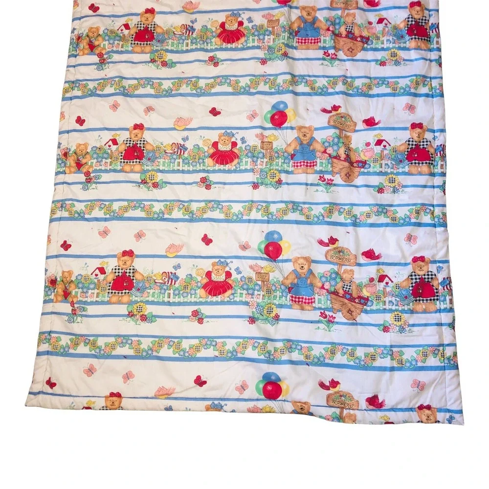 VTG Rag Denim Jean Baby Quilt Blanket 2 Sided Bears Flower Upcycled Handmade